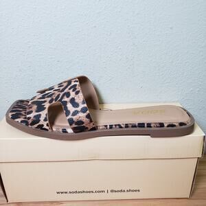 Soda Women's Sz 8 Leopard Print H Cutout Slide Sandal Black Tan Animal Print NEW